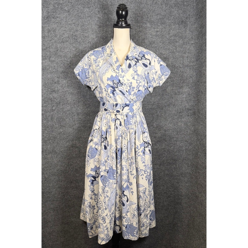 Vintage 80s Liz Claiborne Dress Sz 4 Blue White Floral Chinoiserie Retro Mod